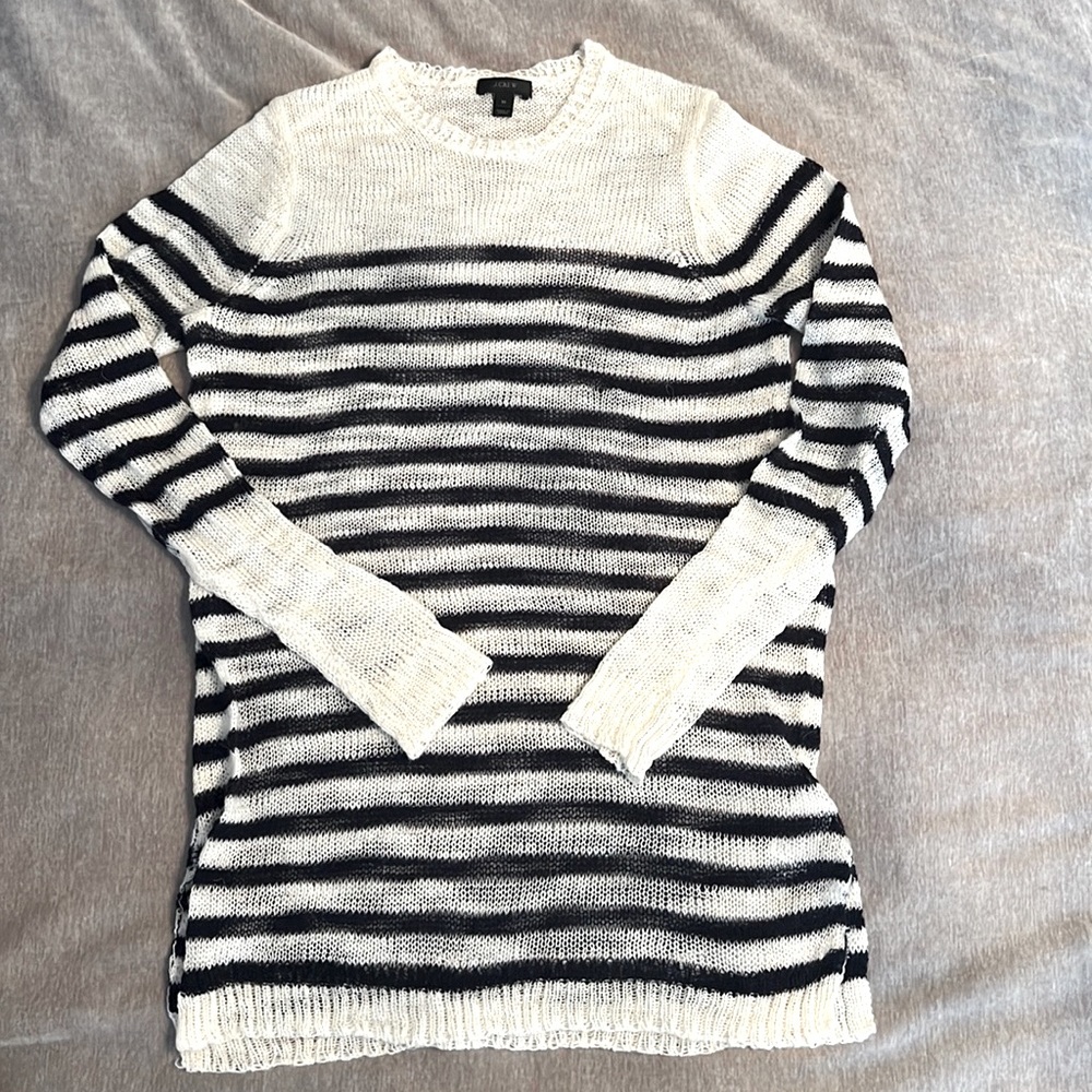 J Crew Navy White Striped Sheer Knit Crew Neck Sweater Wool Mohair Blend Small